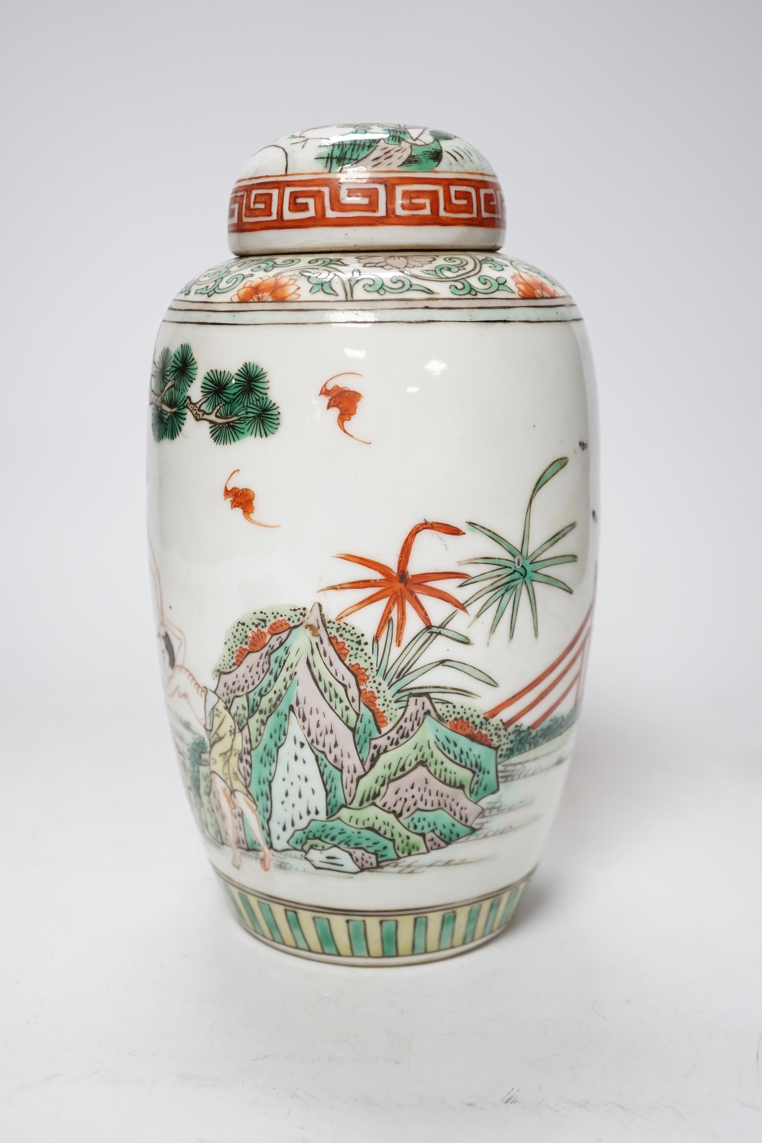 An early 20th century Chinese 'Zhongkui' famille verte jar and cover, 23cm high